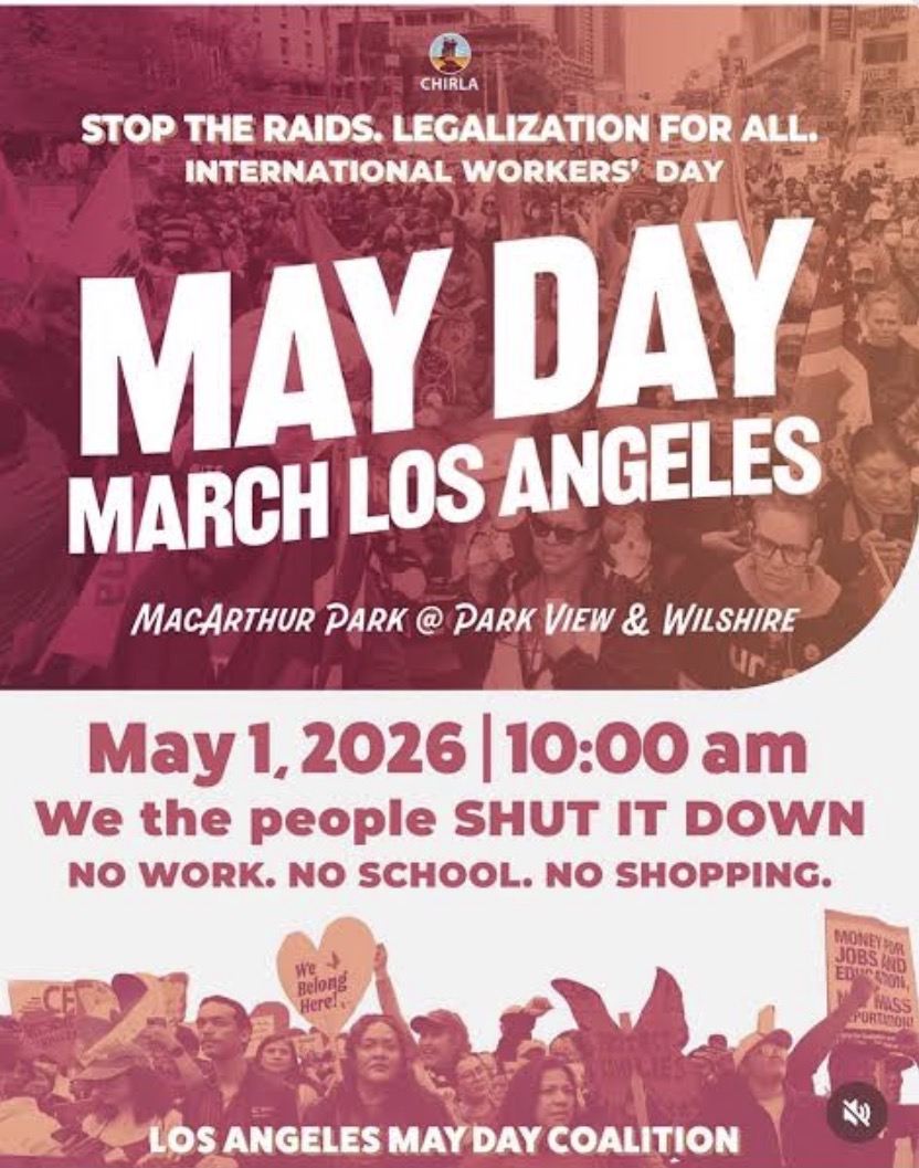 May Day March Los Angeles 2026 poster — MacArthur Park rally for International Workers' Day