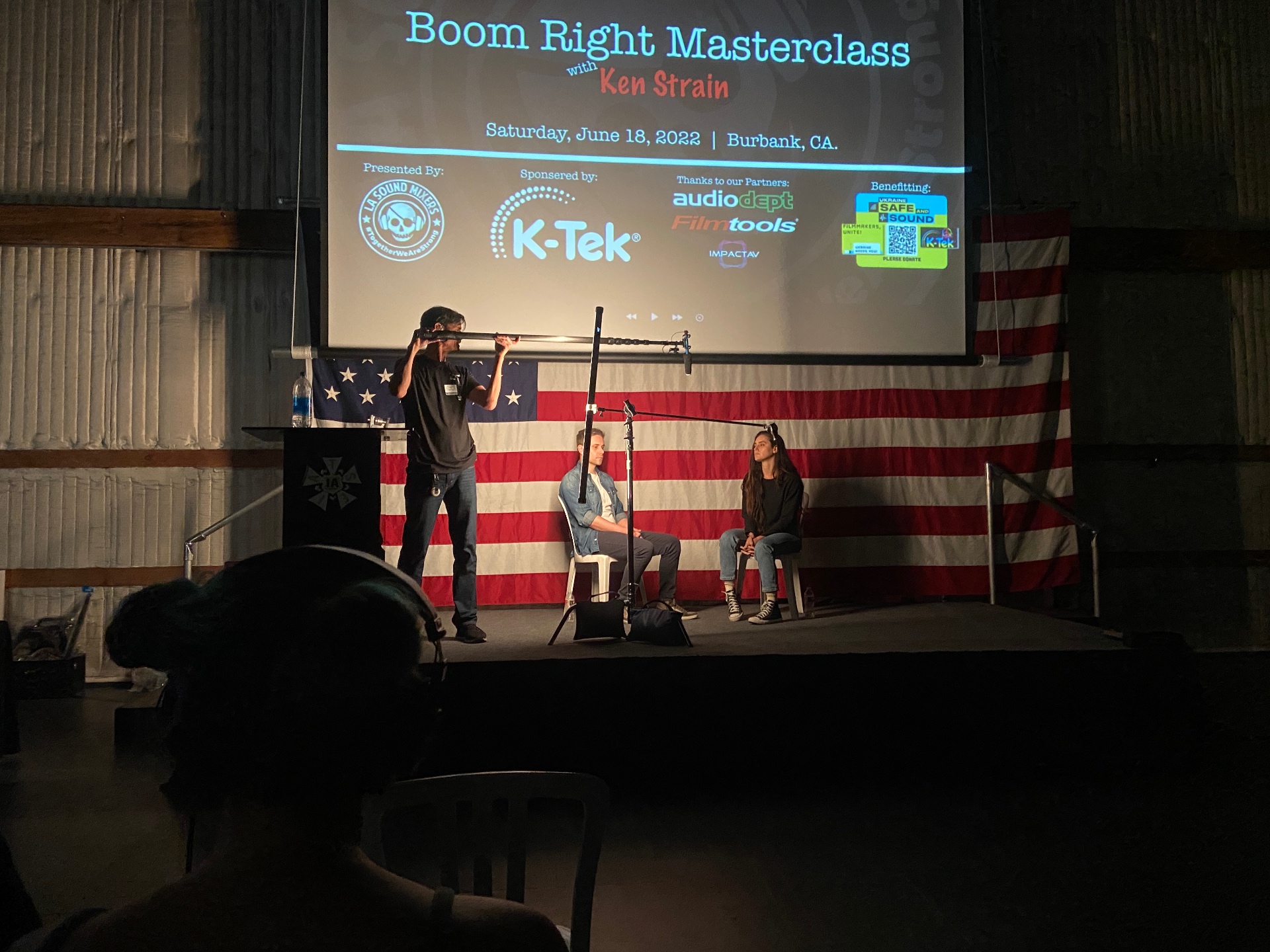 Boom Right Masterclass with Ken Strain at IATSE Local 695 hall in Burbank with boom operator demonstrating on stage