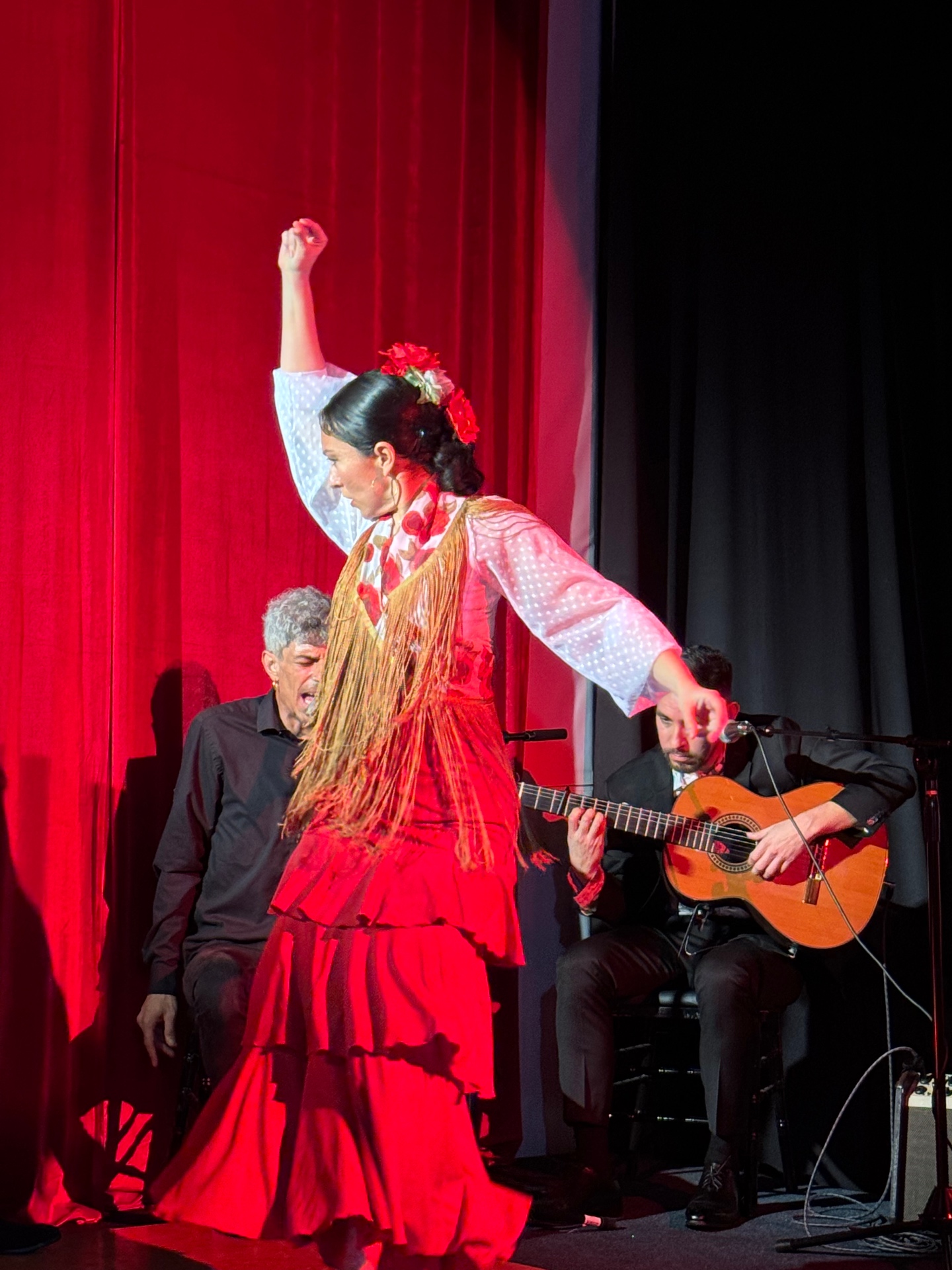 Flamenco dancer in red ruffled dress performing with guitarist and singer against red curtain backdrop